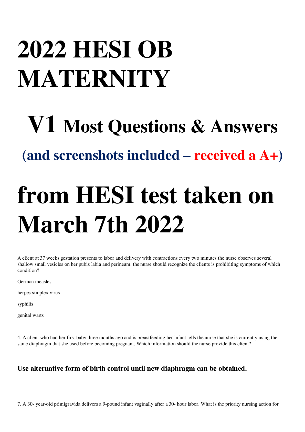 Preview image for 2022 HESI OB Maternity Version 1 Exam Brand New Questions & Answers Pics Included!Rated A+ Answers